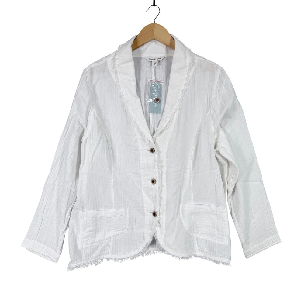 Coldwater Creek Blazer Women 1X White Frayed Trim Cotton Button Front Jacket NWT